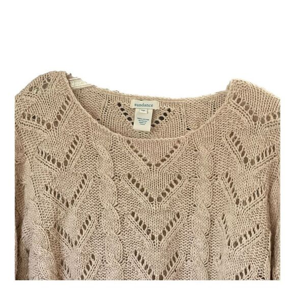 SUNDANCE Women's Open Knit Sweater Crocheted  Round Neck 100% Cotton Beige Mediu - Picture 5 of 6